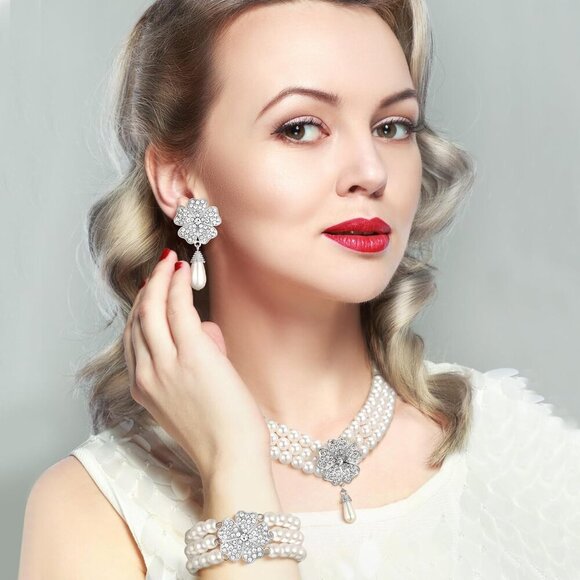 3 Pcs Pearl Jewelry Set Vintage Flapper Earrings Necklace Bracelet Women - Picture 2 of 5